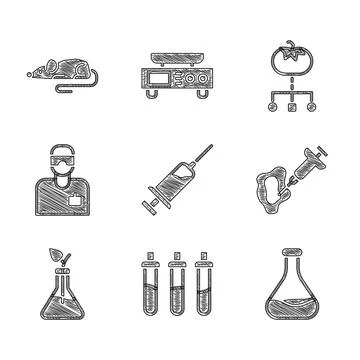 Set Syringe, Reagent bottle, Test tube and flask, Plant breeding, Laboratory  Stock Illustration