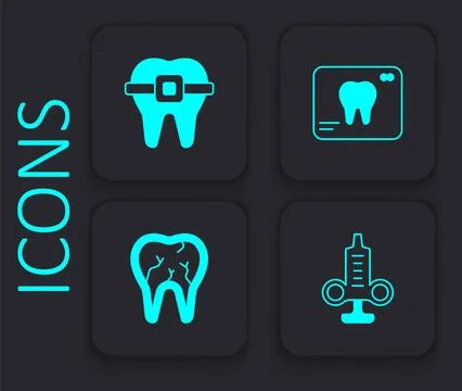 Set Syringe, Teeth with braces, X-ray of tooth and Broken icon. Black square Stock Illustration