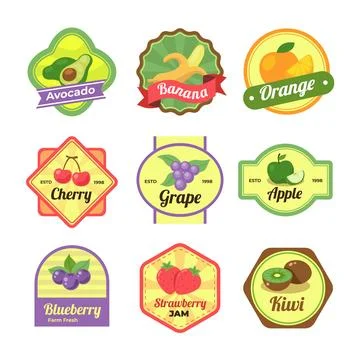 Set of Syrup Label Set Collection, pack of fruit juice badge jam stamp. avo.. Stock Illustration