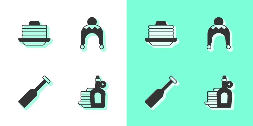 Set Syrup with pancakes, Stack of, Paddle and Winter hat icon. Vector Illustrazione stock