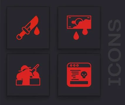 Set System bug, Bloody knife, money and Murder icon. Vector 库存插图