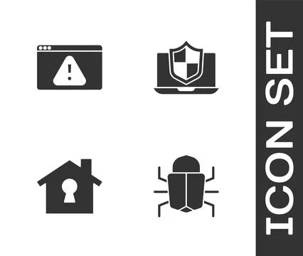 Set System bug, Browser with exclamation mark, House under protection and L.. イラスト素材