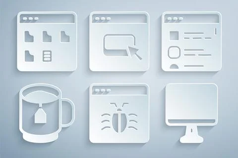 Set System bug, Browser files, Cup of tea with tea bag, Computer monitor screen Stock Illustration