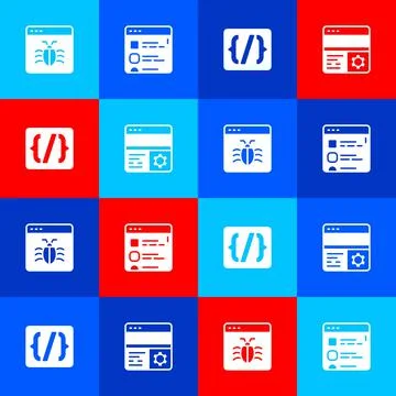 Set System bug, Browser files, Programming language syntax and Debugging icon Stock Illustration