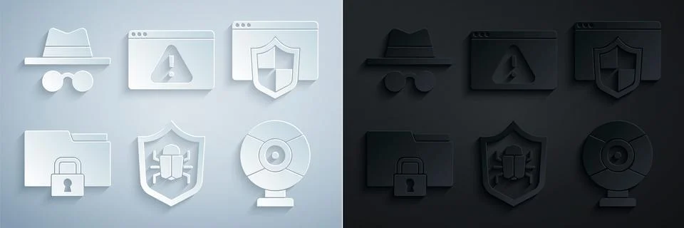 Set System bug, Browser with shield, Folder and lock, Security camera Stock Illustration