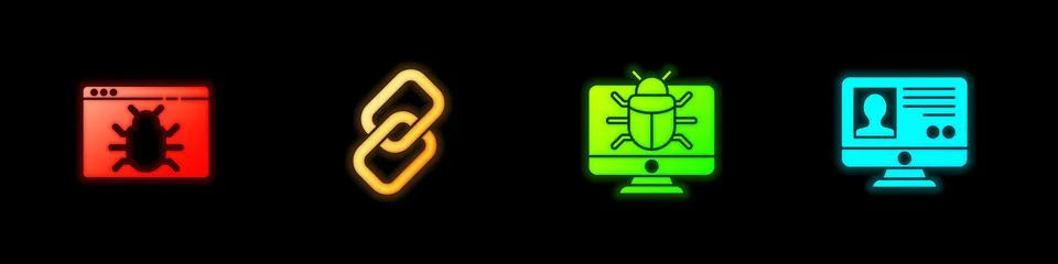Set System bug, Chain link, on monitor and Create account screen icon. Vector イラスト素材