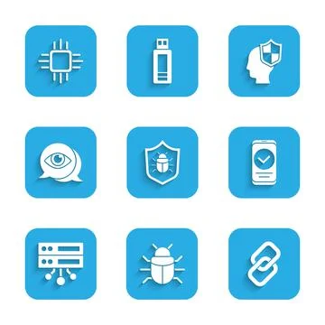 Set System bug, Chain link, Smartphone, Server, Data, Web Hosting, Eye scan Stock Illustration