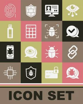 Set System bug, Chain link, Check mark speech bubble, Create account screen Illustrazione stock