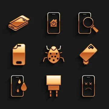 Set System bug, Charger, Dead mobile, Shockproof phone, Waterproof, Glass screen Stock Illustration