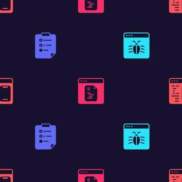 Set System bug, Clipboard with checklist, Software and  on seamless pattern.  Stock Illustration