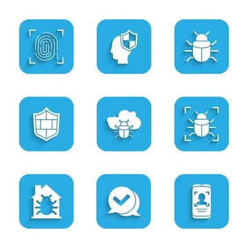 Set System bug on a cloud, Check mark in speech bubble, Mobile and face Illustrazione stock