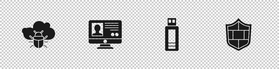 Set System bug on a cloud, Create account screen, USB flash drive and Shield Stock Illustration
