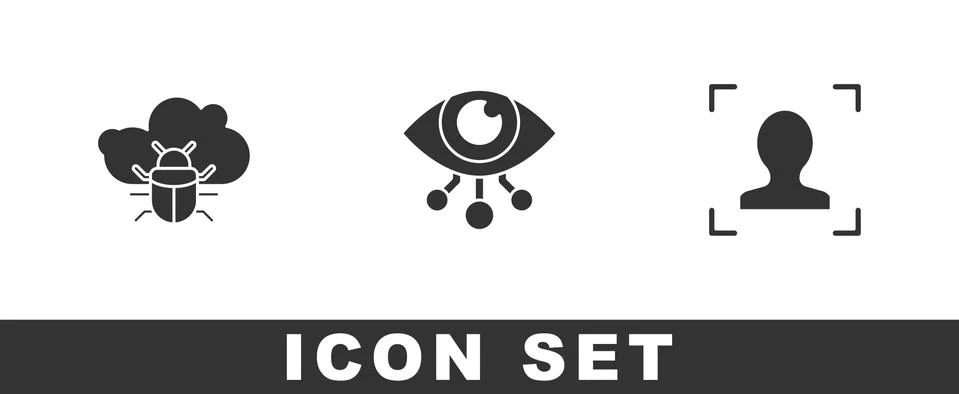 Set System bug on a cloud, Eye scan and Face recognition icon. Vector Stock Illustration