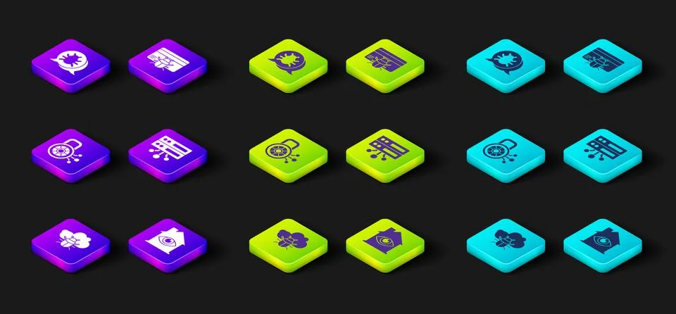 Set System bug on a cloud, House with eye scan, Cyber security, Server, Data Illustrazione stock