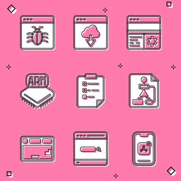 Set System bug, Cloud technology data transfer, Debugging, Processor, Clipb.. Stock Illustration