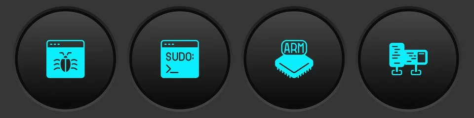 Set System bug, Code terminal, Processor and Computer monitor screen icon Stock Illustration