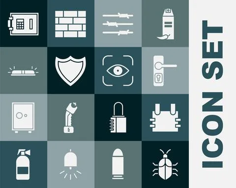 Set System bug concept, Bulletproof vest, Door handle, Barbed wire, Shield Illustration