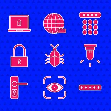Set System bug concept, Eye scan, Password protection, Motion sensor, Door Stockillustratie