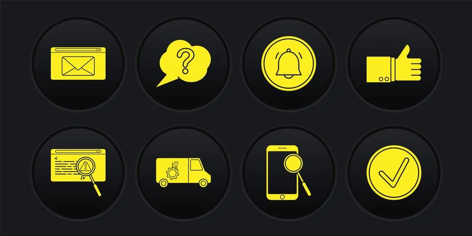 Set System bug concept, Hand thumb up, Car service, Mobile phone diagnostics Illustrazione stock