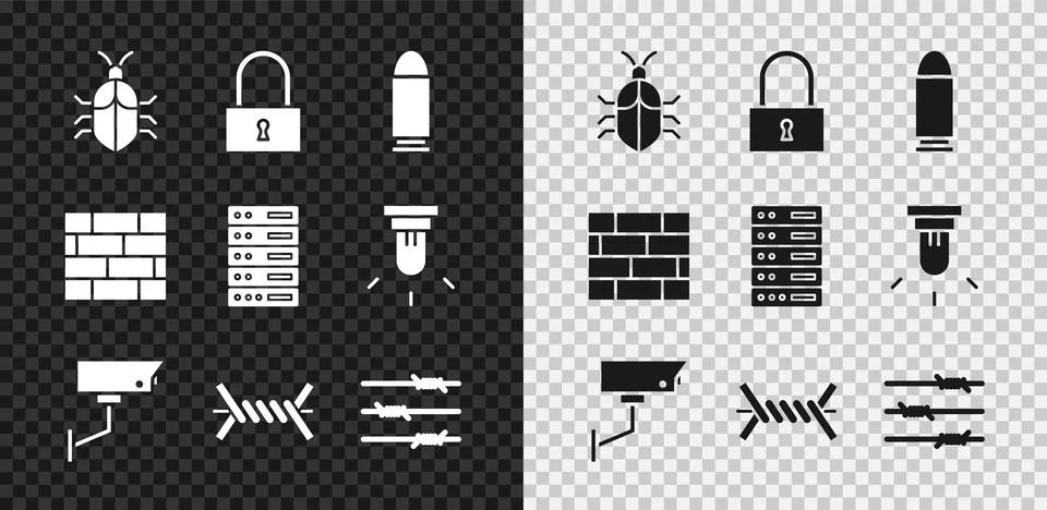 Set System bug concept, Lock, Bullet, Security camera, Barbed wire, Bricks and Stock Illustration
