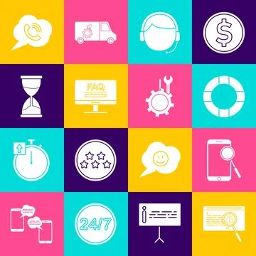 Set System bug concept, Mobile phone diagnostics, Lifebuoy, Man with headset イラスト素材