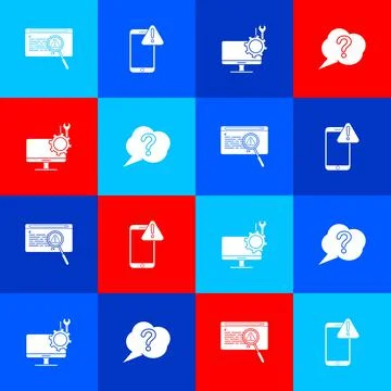 Set System bug concept, Mobile with exclamation mark, Computer monitor service Illustrazione stock