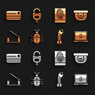 Set System bug concept, Motion sensor, Laptop and lock, Police electric shocker Illustrazione stock