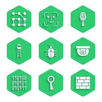 Set System bug concept, Old key, Bricks, Motion sensor, Binary code, Watch tower Stock Illustration