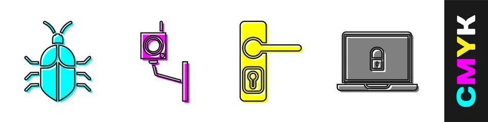 Set System bug concept, Security camera, Door handle and Laptop and lock icon Stock Illustration