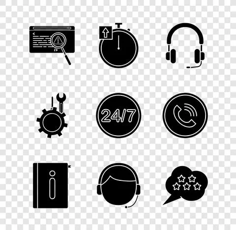 Set System bug concept, Stopwatch, Headphones, User manual, Man with headset Stock Illustration