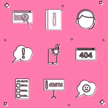 Set System bug concept, User manual, Man with headset, Speech bubble Exclam.. Stock Illustration