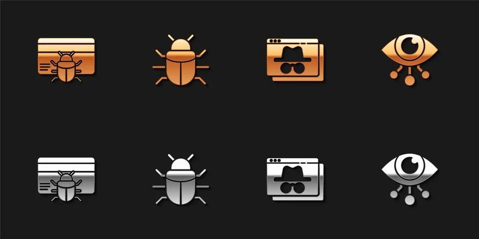 Set System bug in credit card, , Browser incognito window and Eye scan icon Stockillustratie