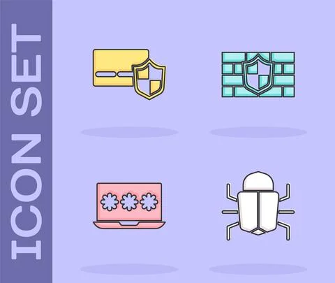Set System bug, Credit card with shield, Laptop password and Shield brick wall Illustrazione stock