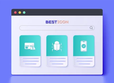Set System bug, Credit card and Smartphone icon. Vector Illustrazione stock