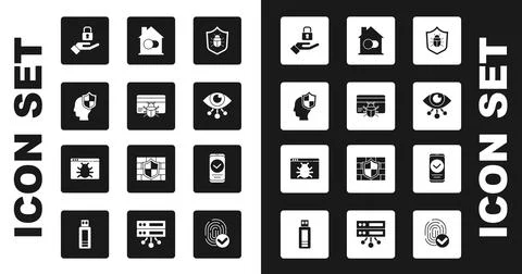 Set System bug, in credit card, Head with shield, Lock hand, Eye scan, Smart Illustrazione stock