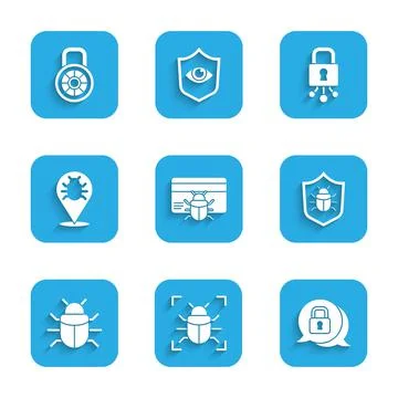 Set System bug in credit card, Cyber security, and Safe combination lock icon Stock-Illustration