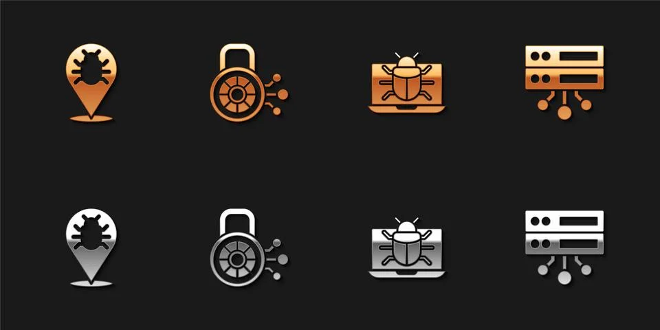 Set System bug, Cyber security, on monitor and Server, Data, Web Hosting icon Illustrazione stock