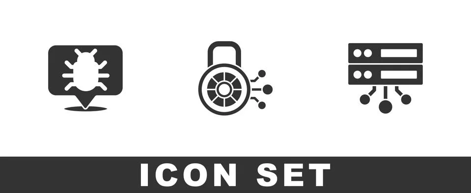 Set System bug, Cyber security and Server, Data, Web Hosting icon. Vector Stock Illustration