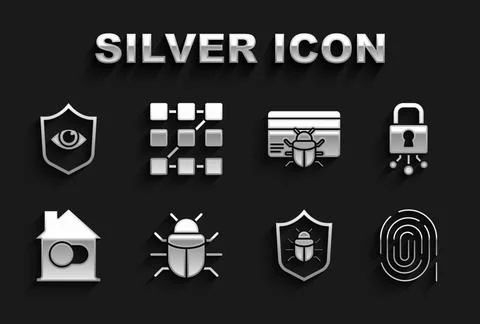 Set System bug, Cyber security, Fingerprint, Smart home, credit card, Shield  Stock Illustration