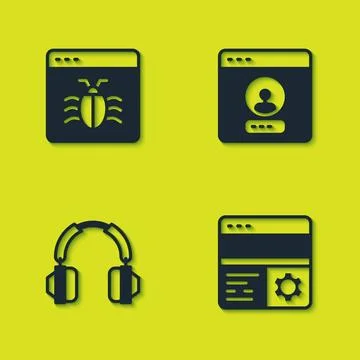 Set System bug, Debugging, Headphones and Create account screen icon. Vector Stock Illustration