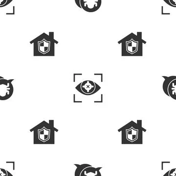 Set System bug, Eye scan and House under protection on seamless pattern. Vector Stock Illustration