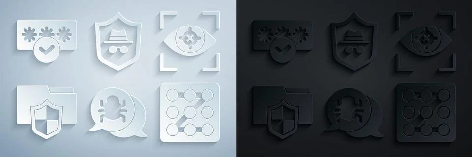 Set System bug, Eye scan, Document folder protection, Graphic password Stock Illustration