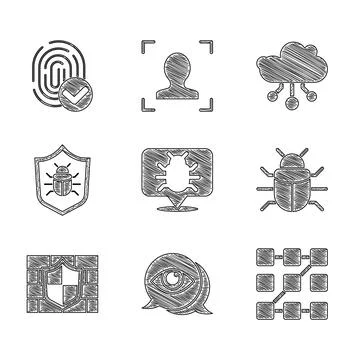 Set System bug, Eye scan, Graphic password protection, Shield with brick wall Illustrazione stock