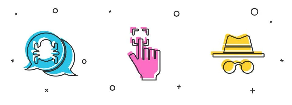 Set System bug, Fingerprint and Incognito mode icon. Vector Illustrazione stock