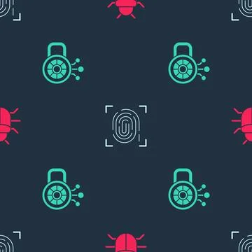 Set System bug, Fingerprint and Cyber security on seamless pattern. Vector Illustrazione stock