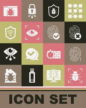 Set System bug, Fingerprint, Cancelled fingerprint, Eye scan, Shield with W.. Stock Illustration