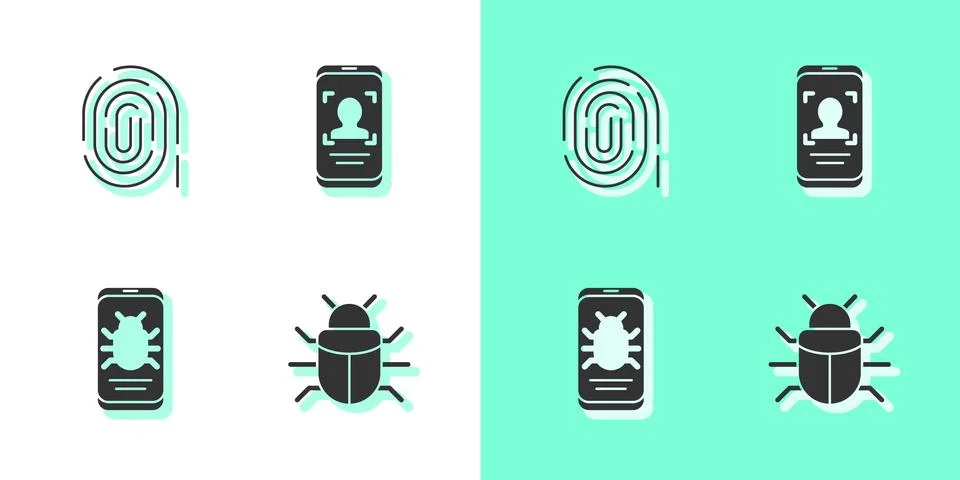 Set System bug, Fingerprint, on mobile and Mobile and face recognition icon Illustrazione stock