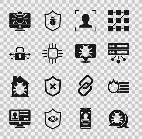 Set System bug, Firewall, security wall, Server, Data, Web Hosting, Face Stock Illustration