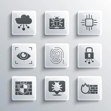 Set System bug, Firewall, security wall, Cyber, Fingerprint, Shield with brick 스톡 일러스트