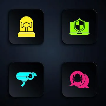 Set System bug, Flasher siren, Security camera and Laptop protected with shield 스톡 일러스트